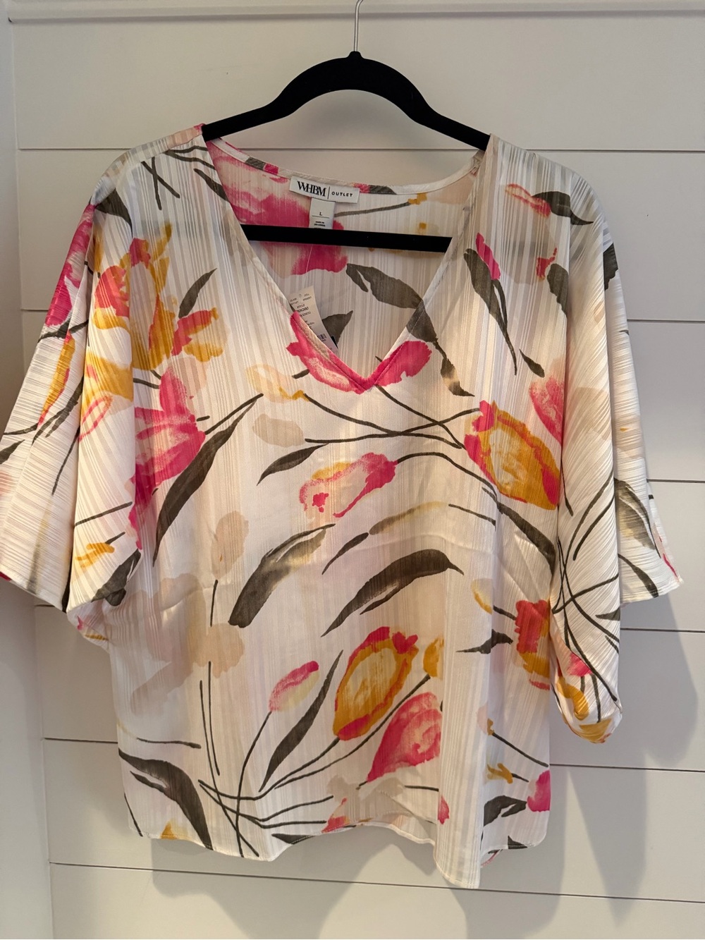 White House Black Market Floral V-Neck Blouse in White, Pink, Yellow
